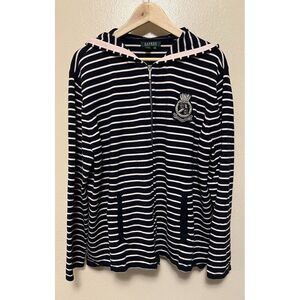 Lauren Ralph Lauren Zip Up Jacket Hoodie 3X Blue White Striped Logo Crest Patch